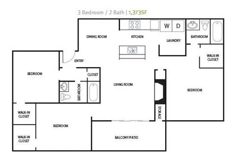 A floor plan of a 3 bedroom/2 bath home with a laundry room.